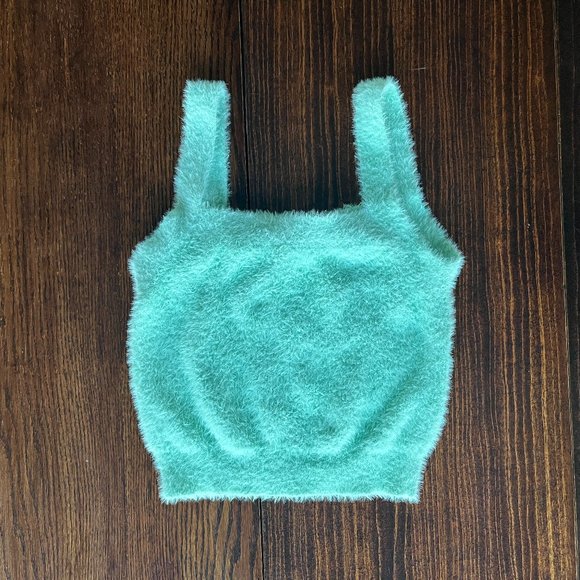 Glo Fashion London Tops - Mint Green Faux Fur Cropped Tank Top
